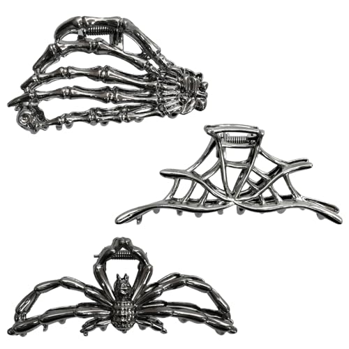 3er Pack Haarklammern, Damen Silber Haarspangen mit Skull Spider Design, Haarschmuck Dunkles Mode für den Alltag und saisonale Styles von Aomhrek