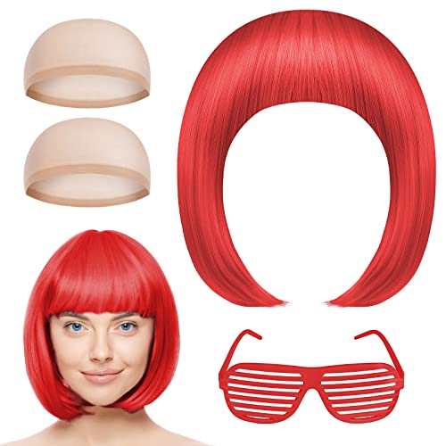 AOMIG Bob Perücke Damen, Kurze Perücke mit Pony, Synthetische Neon Perücke Frauen Bob Wig mit Neonbrille und haarnetz für Halloween Cosplay Party Karneval Fasching(Rot) von Aomig