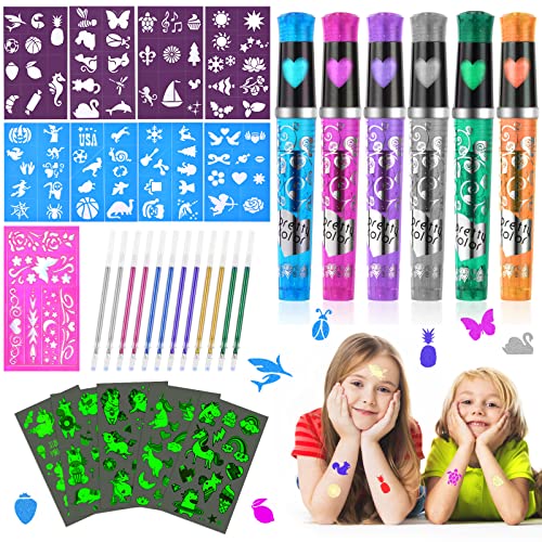 AOMIG Tattoo Stifte Kinder, Glitzer Farben Marker Tatoostift, Tattoo Gelstifte Set mit 6 Tatoostift, 9 Schablonen für Kinder Jungen Mädchen Halloween Party von Aomig