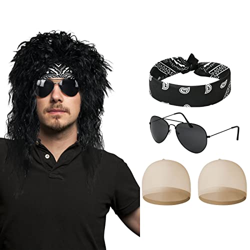 AOMIG Vokuhila Perücke Schwarz, 5 Stück Punk Gothic Rocker Kit mit Perücke 2 x Nylon Wig Cap Bandanas Sonnenbrille, Hip Hop Disco Kostüm Accessoires für 70er 80er 90er Jahre Outfit Damen Herren Rapper von Aomig