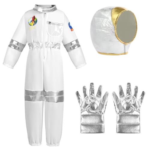 Aomig Astronaut Kostüm kinder 3Pcs Weiß Astronautenkostüm Kind Unisex Astronautenoverall Astronauten Helm Silberne Handschuhe Weltall Kostüm für Mädchen und Jungen Raumfahrer Spaceman Kostüm Outfit(M) von Aomig