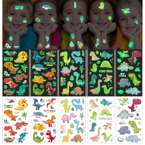 Aomig Children's Tattoos Set, 10 Sheets Temporary Tattoos, Glow in the Dark Tattoo for Girls Boys Skin-Friendly Temporary Children's Tattoos, Dinosaurier Temporary Tattoos Stickers for Birthday Party von Aomig