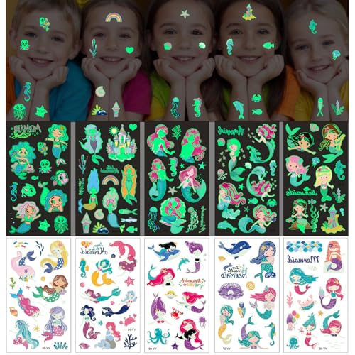 Aomig Children's Tattoos Set, 10 Sheets Temporary Tattoos, Glow in the Dark Tattoo for Girls Boys Skin-Friendly Temporary Children's Tattoos, Meerjungfrau Temporary Tattoos Stickers for Birthday Party von Aomig