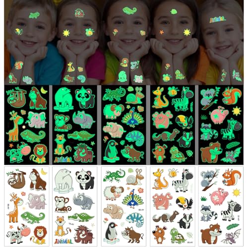 Aomig Children's Tattoos Set, 10 Sheets Temporary Tattoos, Glow in the Dark Tattoo for Girls Boys Skin-Friendly Temporary Children's Tattoos, Tier Kinder Temporary Tattoos Stickers for Birthday Party von Aomig