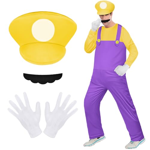 Aomig Cosplay Kostüm, 4 Pcs Luigi Bros Cosplay mit Mütze Hose Bart Handschuhe, Super-Brüder Luigi Kostüm Set Männer Damen, Erwachsene Outfit Kostüm für Weihnachten Karneval Faschingskostüme (Gelb,L) von Aomig
