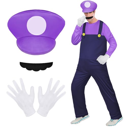 Aomig Cosplay Kostüm, 4 Pcs Luigi Bros Cosplay mit Mütze Hose Bart Handschuhe, Super-Brüder Luigi Kostüm Set Männer Damen, Erwachsene Outfit Kostüm für Weihnachten Karneval Faschingskostüme (Lila,L) von Aomig