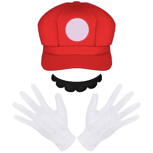 Aomig Kostüm Zubehör Mütze, Faschingkostüme Hüte mit Schnurrbärte Handschuhe, Super-Brüder Kostüm Hut Cap für Karneval Halloween Rollenspiel für Erwachsener Herren Damen(Rot) von Aomig