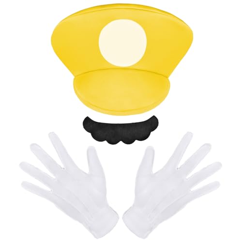 Aomig Cosplay Kostüm Zubehör Mütze, 3Pcs Faschingkostüme Hüte mit Schnurrbärte Handschuhe, Super-Brüder Kostüm Hut Cap für Karneval Halloween Rollenspiel Faschingkostüm für KinderJunge Mädchen (Gelb) von Aomig