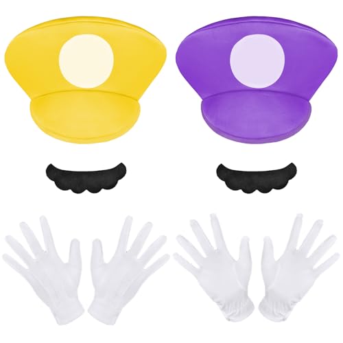 Aomig Cosplay Kostüm Zubehör Mütze 6Pcs Faschingkostüme Hüte mit Schnurrbärte Handschuhe Super-Brüder Kostüm Hut Cap Karneval Halloween Rollenspiel Faschingkostüm für KinderJunge Mädchen (Lila, Gelb) von Aomig
