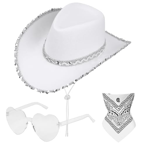 Aomig CowboyHut Damen Herren Fashion Cowboyhüte Cowgrilhut Rockstar Randlose Hippie Herzförmige Brille Halstuch Wilder Westen Party Brillen Geburtstagsfeier Fasching Karneval Kostüm Mottoparty(A-Weiß) von Aomig
