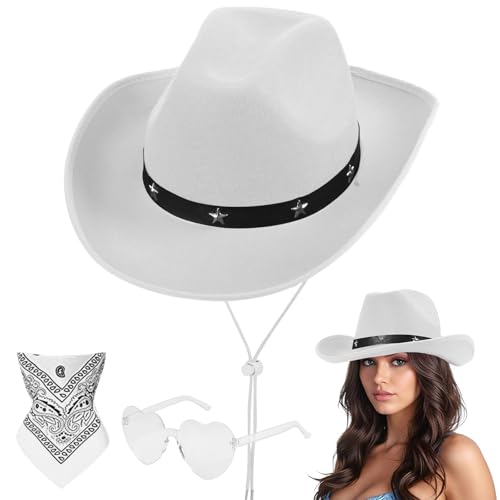 Aomig CowboyHut Damen Herren Fashion Cowboyhüte Cowgrilhut Rockstar Randlose Hippie Herzförmige Brille Halstuch Wilder Westen Party Brillen Geburtstagsfeier Fasching Karneval Kostüm Mottoparty(B-Weiß) von Aomig
