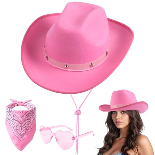 Aomig CowboyHut Damen Herren Fashion Cowboyhüte Cowgrilhut Rockstar Randlose Hippie Herzförmige Brille Halstuch Wilder Westen Party Brillen Geburtstagsfeier Fasching Karneval Kostüm Mottoparty(B-Pink) von Aomig