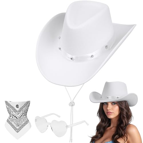 Aomig CowboyHut Damen Herren Fashion Cowboyhüte Cowgrilhut Rockstar Randlose Hippie Herzförmige Brille Halstuch Wilder Westen Party Brillen Geburtstagsfeier Fasching Karneval Kostüm Mottoparty(C-Weiß) von Aomig