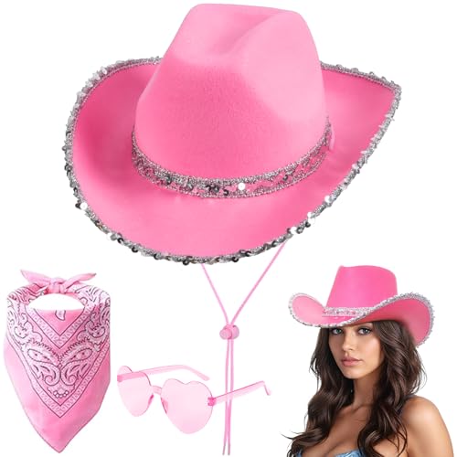 Aomig CowboyHut Damen Herren Fashion Cowboyhüte Cowgrilhut Rockstar Randlose Hippie Herzförmige Brille Halstuch Wilder Westen Party Brillen Geburtstagsfeier Fasching Karneval Kostüm Mottoparty(A-Pink) von Aomig