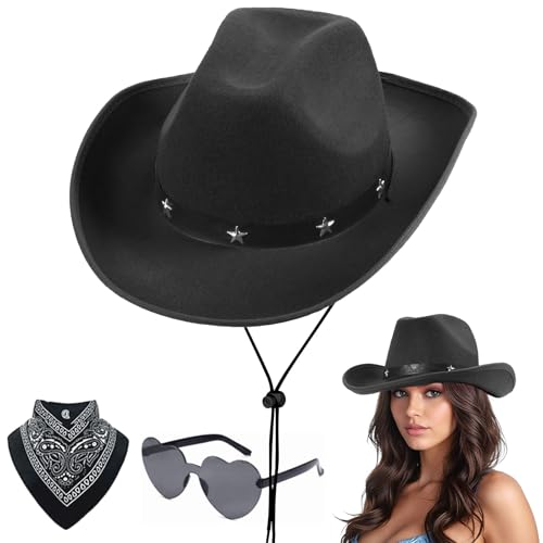 Aomig CowboyHut Damen Herren Fashion Cowboyhüte Cowgrilhut Rockstar Randlose Hippie Herzförmige Brille Halstuch Wilder Westen Party Brillen Geburtstagsfeier Fasching Karneval Kostüm Party (B-Schwarz) von Aomig