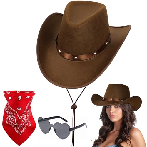 Aomig CowboyHut Damen Herren Fashion Cowboyhüte Cowgrilhut Rockstar Randlose Hippie Herzförmige Brille Halstuch Wilder Westenparty Brillen Geburtstagsfeier Fasching Karneval Kostüm Mottoparty(C-Braun) von Aomig