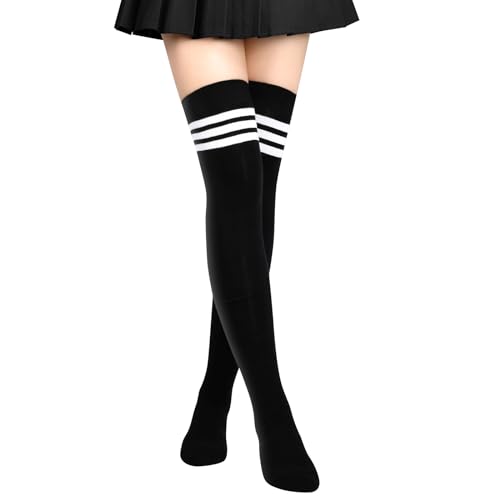 Aomig Damen Overknees Strümpfe, 1 Paar Warm Halten Einfarbig Gestreifte Lange Kniestrümpfe Mädchen, Lässige Kniehohe Socks für den Alltag, Weihnachten und Halloween Cosplay（Schwarz Streifen） von Aomig