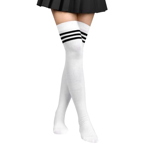 Aomig Damen Overknees Strümpfe, 1 Paar Warm Halten Einfarbig Gestreifte Lange Kniestrümpfe Mädchen, Lässige Kniehohe Socks für den Alltag, Weihnachten und Halloween Cosplay（Weiß Streifen） von Aomig