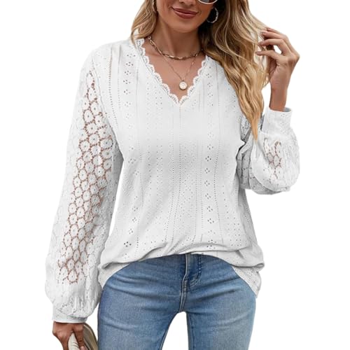 Aomig Damen Spitze Weiße Tops, Elegant Puffärmeln Langarm V Ausschnitt Tunika Casual Einfarbig Weiss Festliche Blusen, Puffärmeln Oberteil T Shirt Blusenshirt Damenblusen Only Bluse Hemd für Damen (L) von Aomig