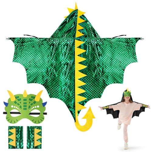 Aomig Dinosaurier Umhang Kinder 3Pcs Grün Drachenflügel Cosplay Kostüm Cape mit Dino Maske Drachen Mantel Kleidung Kinderkostüm Rollenspiel Halloween Karneval Fasching Maskerade Jungen Mädchen 110cm von Aomig