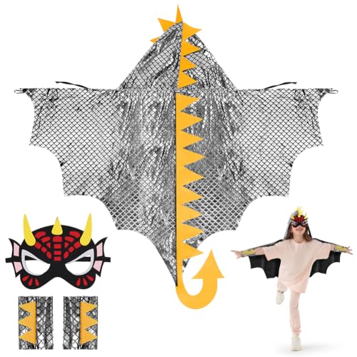 Aomig Dinosaurier Umhang Kinder 3Pcs Silber Drachenflügel Cosplay Kostüm Cape mit Dino Maske Drachen Mantel Kleidung Kinderkostüm Rollenspiel Halloween Karneval Fasching Maskerade Jungen Mädchen 110cm von Aomig