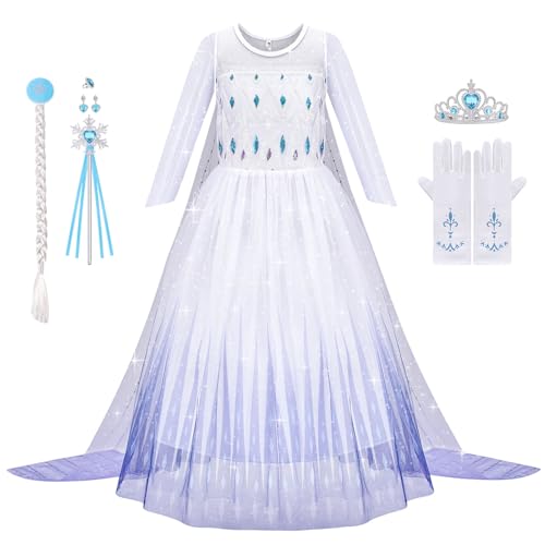 Aomig Elsa Princess Costume Kinder 6Pcs Prinzessin Dress Up for Girl Mädchen Kostüm Kleid mit Krone Ohrringe Perücke Handschuhe Halskette Fancy Dress Cosplay Party Halloween Role Play Masquerade 140cm von Aomig