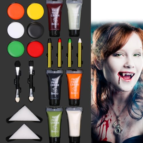 Aomig Halloween Make Up, 20 Stück Halloween Schminke mit 6 Farben+Malstifte+Kunstblut+Schwamm+Pinsel, Waschbar Schminke Halloween, Halloween Schminke Erwachsene für Halloween Zombie Vampir Cosplay von Aomig