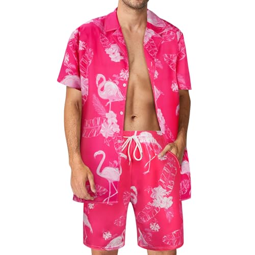 Aomig Hawaii Hemd Männer, Freizeit Herren Hawaiihemd Kurzarm Flamingo, Bequemes Leichtes Kurzarmhemd Sommer, Button Down Strandurlaub Hemd Kurzarm, Regular Fit Shirt und Shorts Set Faltenfrei (M) von Aomig