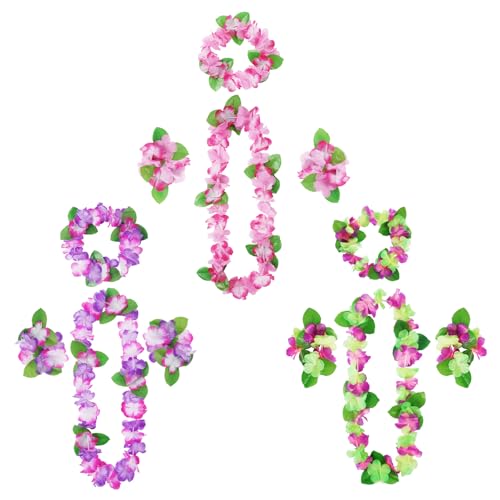 Aomig Hawaii Mottoparty Kostüme 12Pcs Hawaiian Hula Sets Hawaiianischer mit Halskette Blume Stirnband Armbänder für Mädchen Frauen Tropical Party FeierKostüm Hawaiianischer Tanz (Rosa+Blau Rosa+Grün) von Aomig