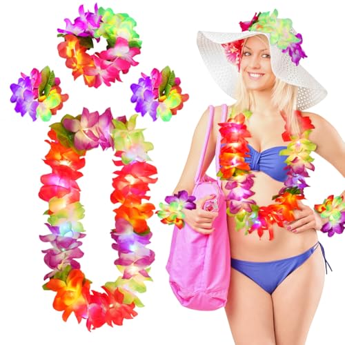 Aomig Hawaii Mottoparty Kostüme Hawaiian Hula Sets mit LED Hawaii Kostüme Hawaiianischer mit Halskette Blume Stirnband Armbänder für Mädchen Tropical Party FeierKostüm Hawaiianischer Tanz (Farbige) von Aomig