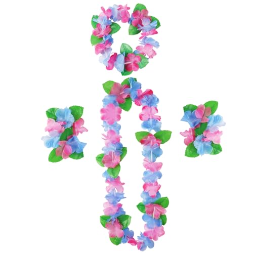 Aomig Hawaii Mottoparty Kostüme Set 4Pcs Hawaiian Hula Sets Hawaiianischer mit Halskette Blume Stirnband Armbänder für Mädchen Frauen Tropical Party FeierKostüm Cheerleading Strand Partys (Blau Rosa) von Aomig