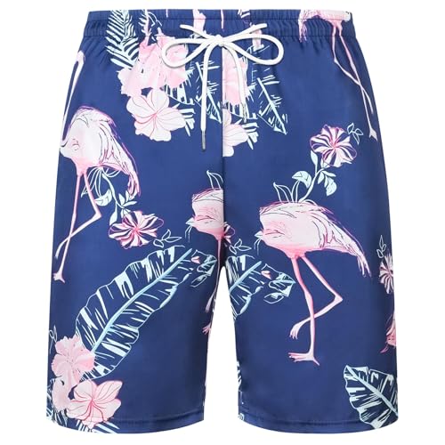 Aomig Herren Badehose Lang Hawaii Shorts Sommer Hawaii Kurze Hose Hawaiian Leichte Strandshorts mit Flamingo Blumenmuster Herren mit Kordelzug für Hawaii Mottoparty Strand Wassersport Urlaub (Blau, L) von Aomig