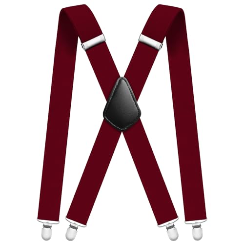 Aomig Hosenträger für Herren Hosenträger Herren Stark Breit 3,5 Cm mit Sehr Starken 4 Metall Clips Länge Einstellbar Elastisch Einheitsgröße Hosenträger Männer Damen Breit Lang X Style (Burgunderrot) von Aomig
