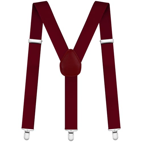 Aomig Hosenträger für Herren Hosenträger Herren Stark Breit 3,5 Cm mit Sehr Starken 4 Metall Clips Länge Einstellbar Elastisch Einheitsgröße Hosenträger Männer Damen Breit Lang Y Style (Burgunderrot) von Aomig