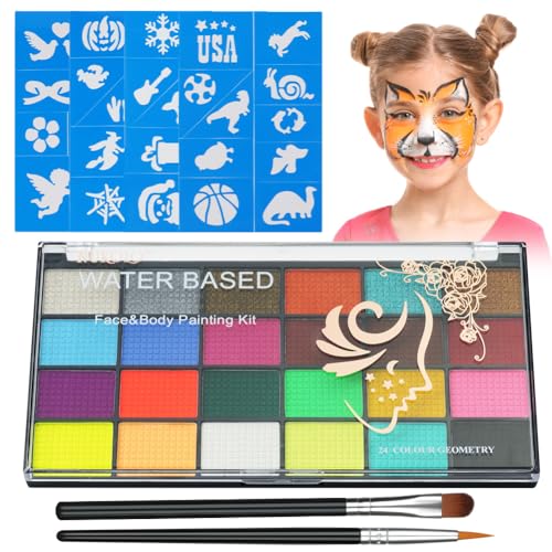 Aomig Kinderschminke Set, 24 Farben Schminkfarben Schminkpalette, Waschbar Face Paint Bodypaint Schminkset, Körperfarbe Kinder mit 2 Pinsel und 40 Tattoos für Halloween Karneval Make-up Fasching von Aomig