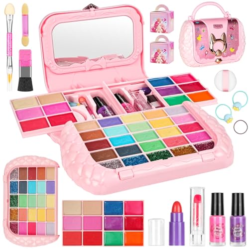 Aomig Kinderschminke Set Mädchen 29PCS Waschbar Kosmetikset 22 Farben Prinzessin Make Up Spielzeug Schminkkoffer Alter 4-12 Rollenspiel Spielzeug Halloween Weihnachts Geburtstags Geschenk für Mädchen von Aomig