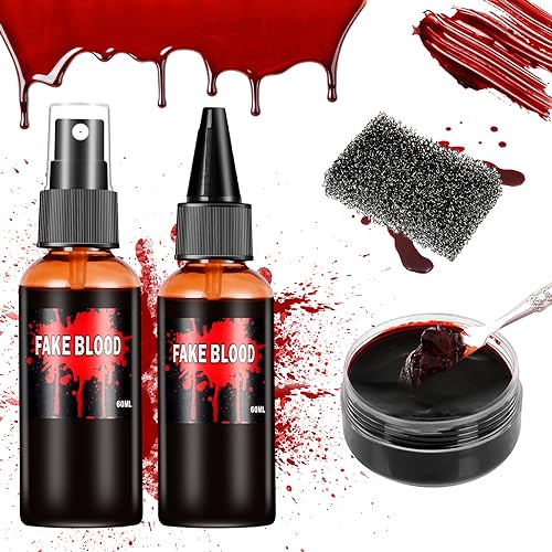 Aomig Kunstblut, 2x Vampirplasma und 1x Plasmacreme inkl Schwamm, Realistische Fake Blood, Kunstblut für Haut, Blutgel, Wunden, Spezialeffekt Schminke für Halloween, Vampirblut Mottoparty, Karneval von Aomig