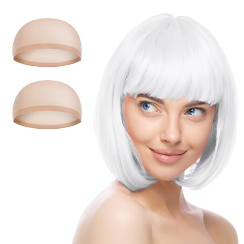 Aomig Kurze Bob Perücke, Wig mit 2 x Haarnetz, Bunte Neon-Bob-Perücke, Pony-Perücke Perücken Haarteile Cosplay für Nachtclub/Tanzen/Karneval/Fasching & Motto Party, Halloween Dekorationen (Weiß/B) von Aomig