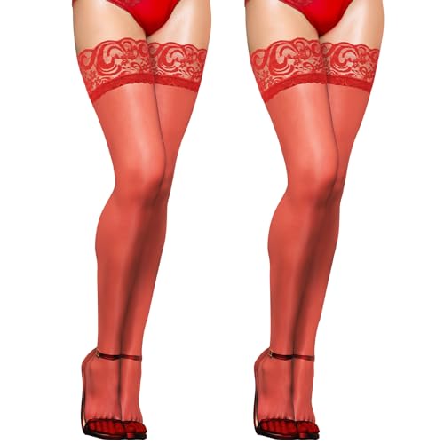 Aomig Damen Netzstrümpfe, Stretch Mikrofaser Spitze Overknees, Rutschfest, Transparent, Halterlos, Silikonbänder, Rot, 1 Stück von Aomig