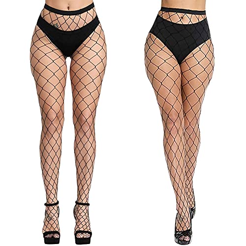 Aomig Netzstrumpfhose Schwarz, 2pcs Fishnet Stockings Strümpfe, Elastisch Hohe Taille Schenkelhohe Strümpfe Strumpfhosen, Mode Strumpfhosen Netzstrümpfe für Damen Alltagskleidung(großes netz) von Aomig