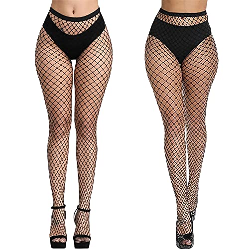 Aomig Netzstrumpfhose Schwarz, 2pcs Fishnet Stockings Strümpfe, Elastisch Hohe Taille Schenkelhohe Strümpfe Strumpfhosen, Mode Strumpfhosen Netzstrümpfe für Damen Alltagskleidung(mitte großes netz) von Aomig