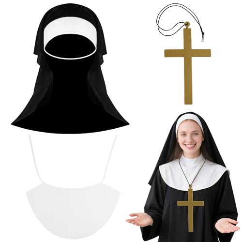 Aomig Nonnen Kostüm Accessoires Nonne Kloster Schwester Mittelalter Kostüm Herren Damen Nonnen Religiös Vikare Schwarz Kostüm Set mit Nonnenhaube Schal Halskette Geeignet Halloween Karneval Cosplay von Aomig