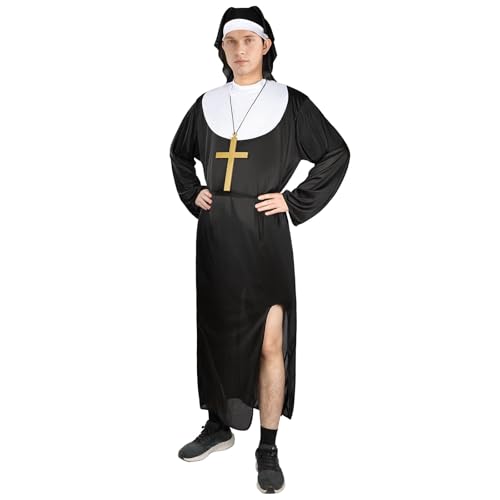 Aomig Nonnen Kostüm mit Schlitz Nonne Kloster Schwester Mittelalter Kostüm Herren Religiös Vikare Schwarz Kostüm Outfit mit Nonnenhaube Hut Halskette Nonnenkleid Geeignet Halloween Karneval Cosplay XL von Aomig