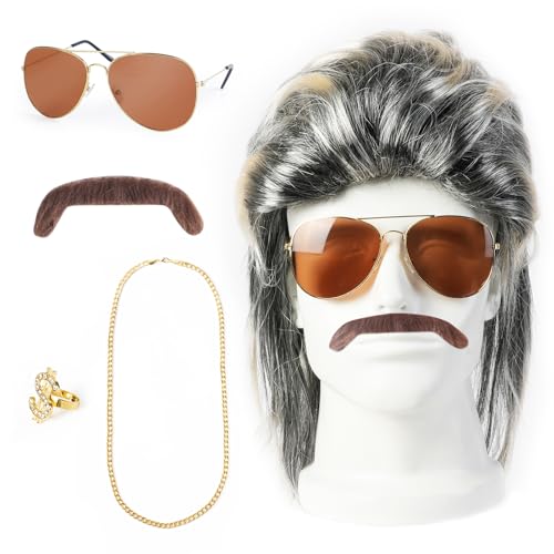 Aomig Perücke Männer Hellbraun Vokuhila Set 80er Mullet Perücke Goldketten Sonnenbrillen Ringe Bärte Herren Lang Synthetische Haare Perücke Disco Rockstar Locken Perücke Cosplay Halloween Kostüm Party von Aomig