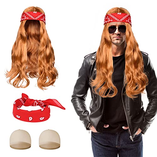 Aomig Rocker Schwermetall Punker Kostüm Zubehör, Punk Gothic Rocker Kit mit Perücke Bandanas Nylon Wig Cap, Disco Rockstar Locken Perücke, 70er 80er 90er Jahre Jahre Accessoires für Männer Frauen von Aomig