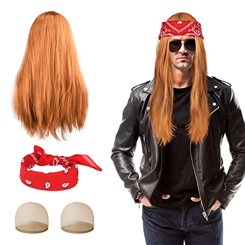 Aomig Rocker Schwermetall Punker Kostüm Zubehör, Punk Gothic Rocker Kit mit Perücke Bandanas Nylon Wig Cap, Disco Rockstar Perücke, 70er 80er 90er Jahre Jahre Accessoires für Männer Frauen von Aomig