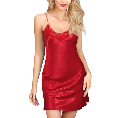 Aomig Satin Nachthemd Damen Negligee Kurz Sommer Spaghetti Nachtwäsche V-Ausschnitt Nachtkleid Spitze Nachthemden Verstellbare Träger Spaghettiträger Babydoll Unterkleid Sleepwear Schlafshirt Frauen L von Aomig