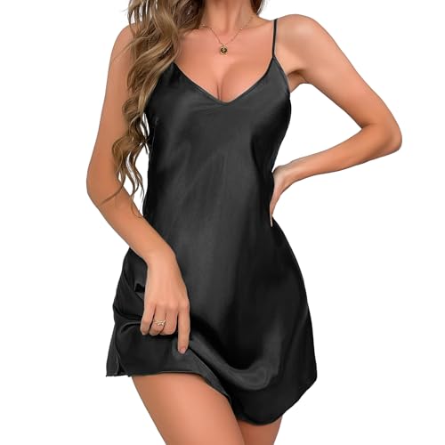 Aomig Satin Nachthemd Damen Negligee Schwarz Kurz Sommer Spaghetti Nachtwäsche Ärmellos Nachtkleid Nachthemden Verstellbare Träger Spaghettiträger Babydoll Unterkleid Sleepwear Schlafshirt Frauen XL von Aomig