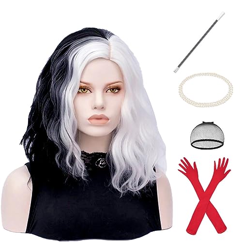 Aomig Schwarz und Weiß Perücke, Gewellte Schwarz Weiß Perücke Damen, Halb Synthetik Perücke Schwarz Weiß mit Zubehör von Rote Handschuhe, Plastikhalter, Kropfband Nackenkette für Halloween Cosplay von Aomig