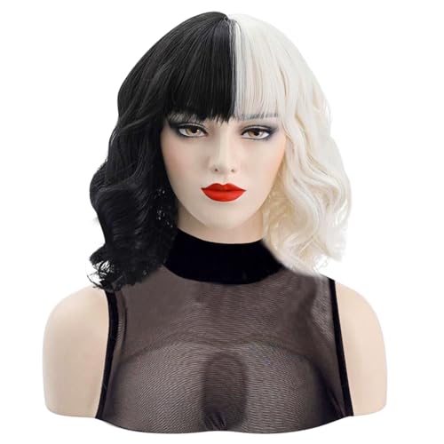 Aomig Schwarz und Weiß Perücke Kurze Charming Perücke Gewellte Schwarz Weiß Perücke Damen Mitte Halb Schwarz Halb Weiß Synthetik Perücken Cosplay Frauen Haar Perücke Weiß für Halloween Karneval Party von Aomig